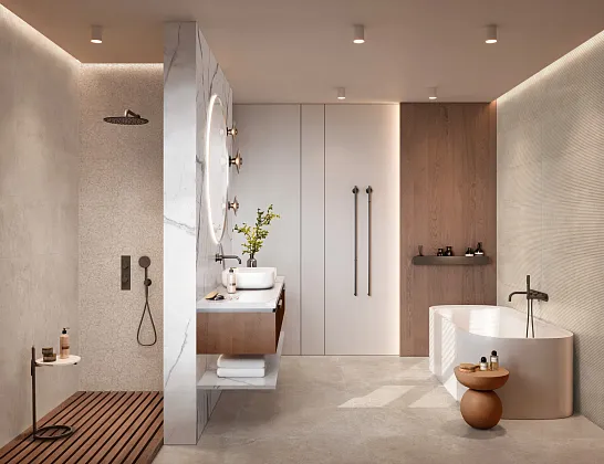 Фото Керамическая плитка Ragno Marazzi RCUM Travertino Wall Struttura 3D Dorica Cross Bianco Rett 40x120 Италия